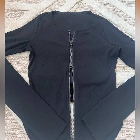 ALO Yoga Ribbed Stardust Jacket Double Zip Long Sleeve Top XS Like New Black - Picture 6 of 8